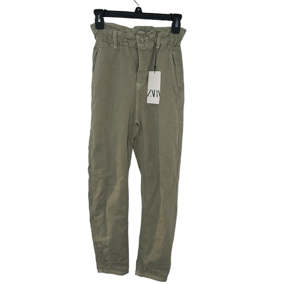 Zara Sage Green Baggy Fit Paper Bag Carrot Leg High Waist Ankle Pants size 0 - Picture 5 of 6